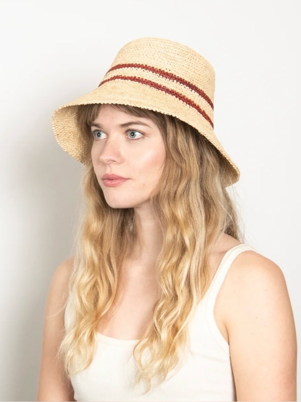 Wyeth Anthropologie Ensley Raffia Straw Bucket Hat Natural Burgundy Stripe NWT